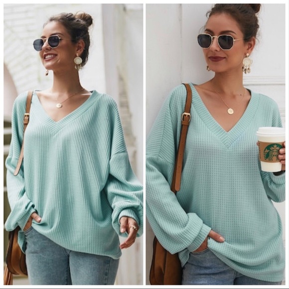 Tops - Aqua blue drop shoulder- Top